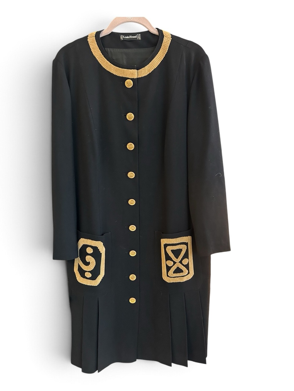 Louis Feraud Vintage Black Long Sleeve Dress with Gold Trim and Buttons